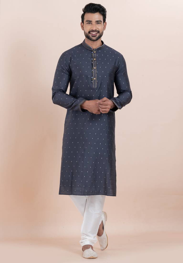 Navy blue cotton silk jacquard premium designer festive wear kurta pyjama set