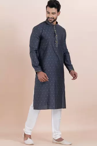 Navy blue cotton silk jacquard premium designer festive wear kurta pyjama set