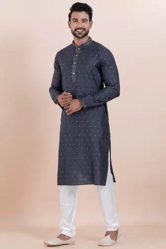Navy blue cotton silk jacquard premium designer festive wear kurta pyjama set