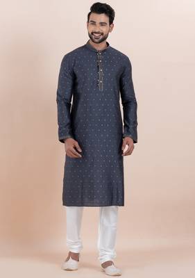 Navy blue cotton silk jacquard premium designer festive wear kurta pyjama set 4