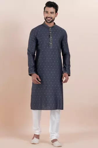 Navy blue cotton silk jacquard premium designer festive wear kurta pyjama set