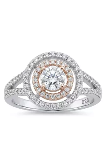 925 sterling silver round brilliant diamond double halo split shank ring