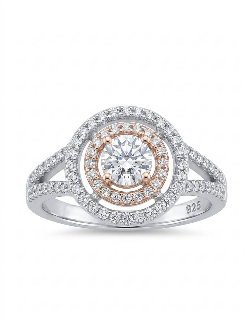 925 sterling silver round brilliant diamond double halo split shank ring