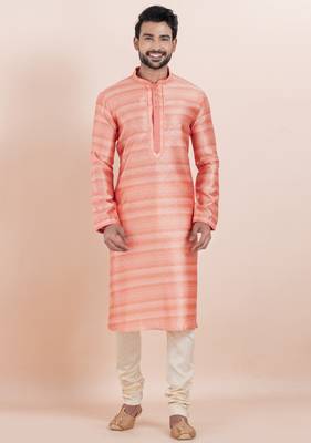 Pink cotton silk jacquard premium designer festive wear kurta pyjama set 1