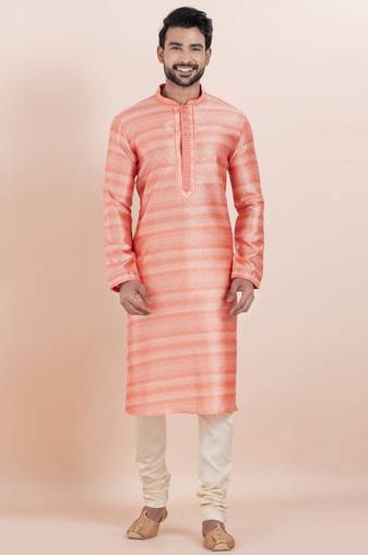 Pink cotton silk jacquard premium designer festive wear kurta pyjama set