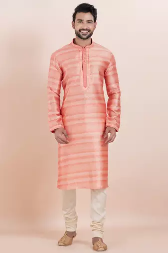 Pink cotton silk jacquard premium designer festive wear kurta pyjama set
