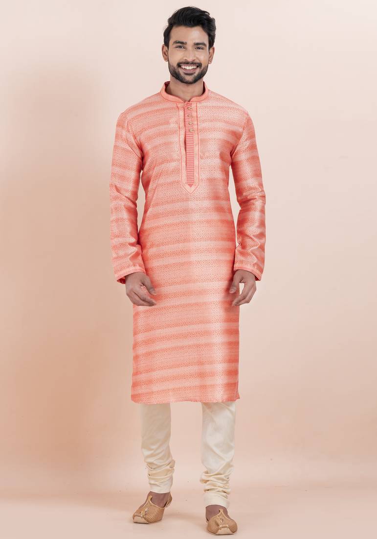 Pink cotton silk jacquard premium designer festive wear kurta pyjama set