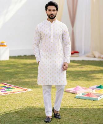 White cotton digital print premium designer festive wear kurta trouser set 2