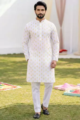 White cotton digital print premium designer festive wear kurta trouser set