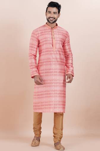 Pink cotton silk jacquard premium designer festive wear kurta pyjama set