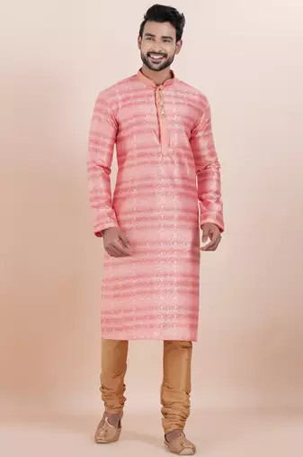 Pink cotton silk jacquard premium designer festive wear kurta pyjama set