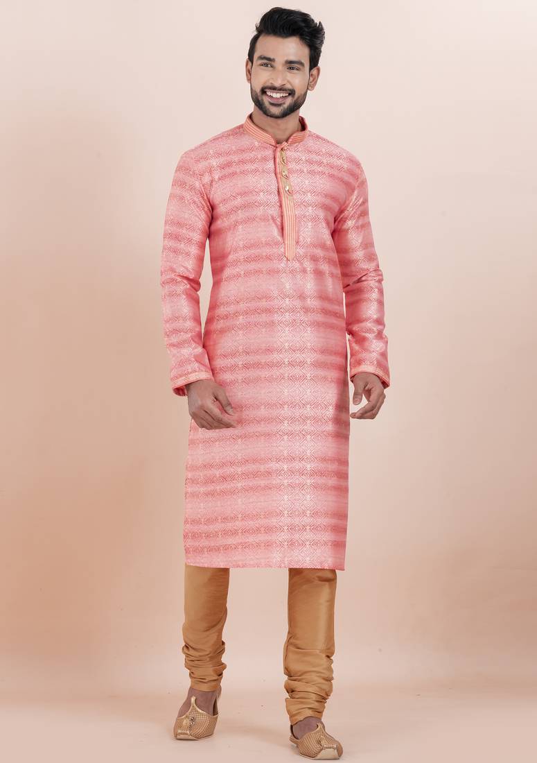 Pink cotton silk jacquard premium designer festive wear kurta pyjama set