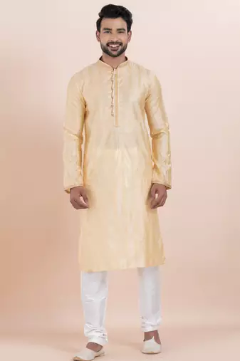 Gold cotton silk jacquard premium designer festive wear kurta pyjama set
