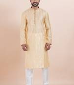 Gold cotton silk jacquard premium designer festive wear kurta pyjama set