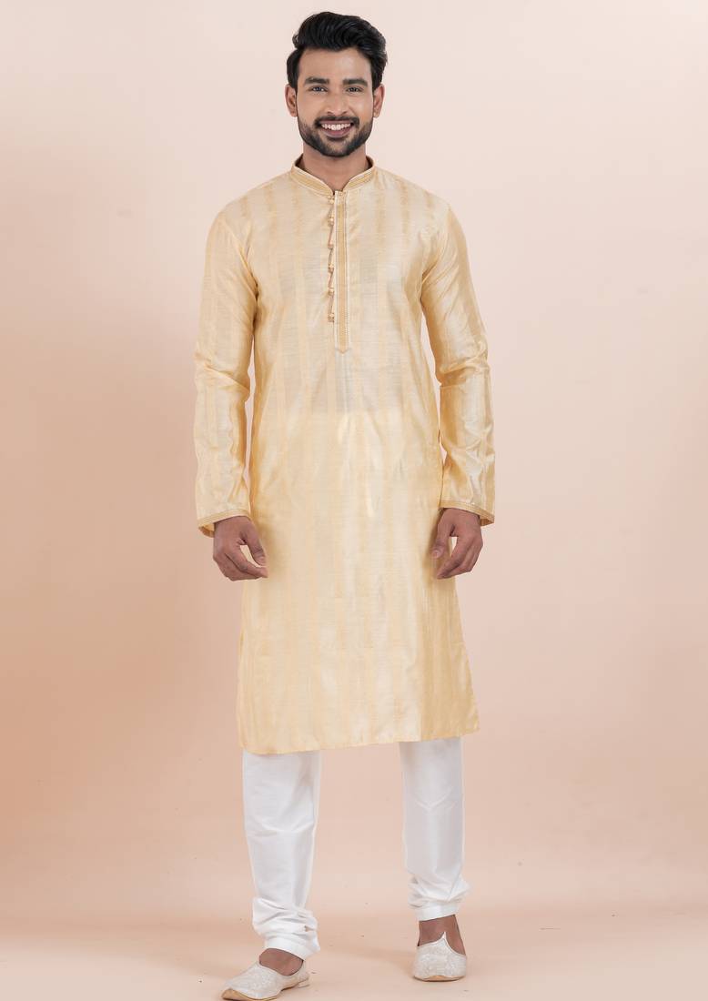Gold cotton silk jacquard premium designer festive wear kurta pyjama set