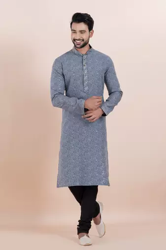 Grey cotton silk jacquard premium designer festive wear kurta pyjama set