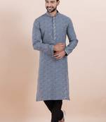 Grey cotton silk jacquard premium designer festive wear kurta pyjama set