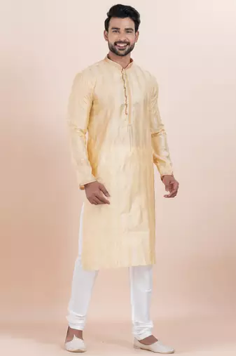 Gold cotton silk jacquard premium designer festive wear kurta pyjama set