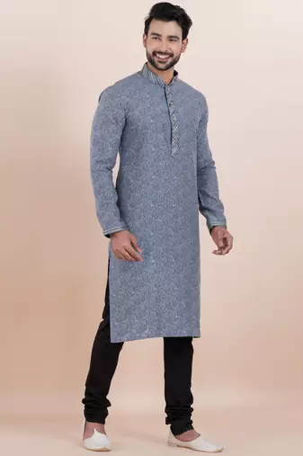 Grey cotton silk jacquard premium designer festive wear kurta pyjama set
