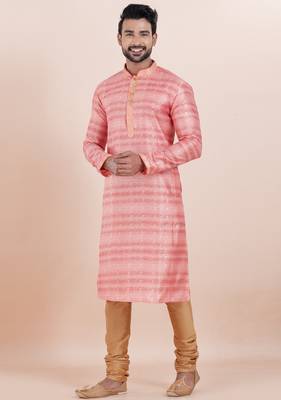 Pink cotton silk jacquard premium designer festive wear kurta pyjama set 3