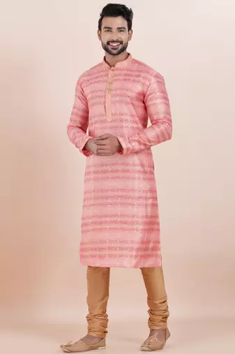 Pink cotton silk jacquard premium designer festive wear kurta pyjama set