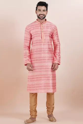 Pink cotton silk jacquard premium designer festive wear kurta pyjama set