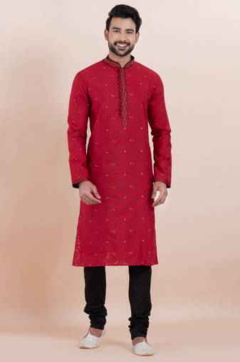 Maroon cotton silk jacquard premium designer festive wear kurta pyjama set