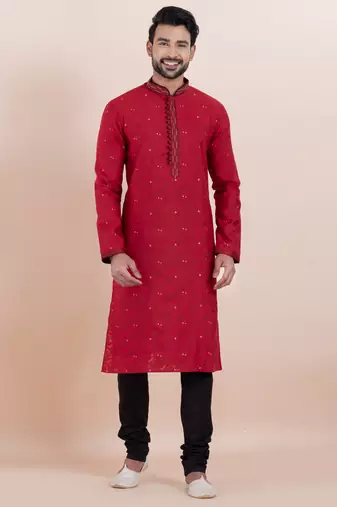 Maroon cotton silk jacquard premium designer festive wear kurta pyjama set