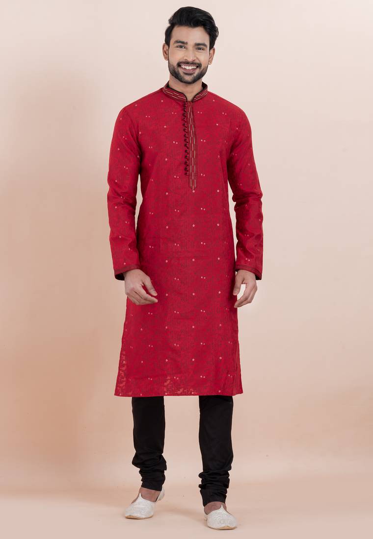 Maroon cotton silk jacquard premium designer festive wear kurta pyjama set