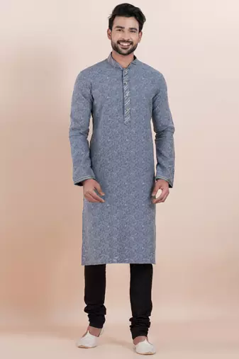 Grey cotton silk jacquard premium designer festive wear kurta pyjama set