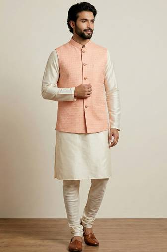 Beige  banarasi dupion premium designer festive wear kurta pyjama with jacket set