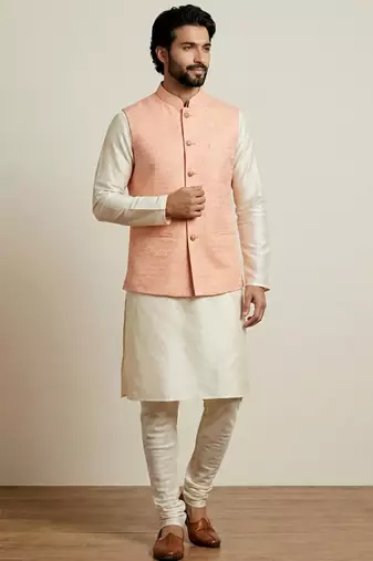 Beige  banarasi dupion premium designer festive wear kurta pyjama with jacket set