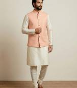 Beige  banarasi dupion premium designer festive wear kurta pyjama with jacket set