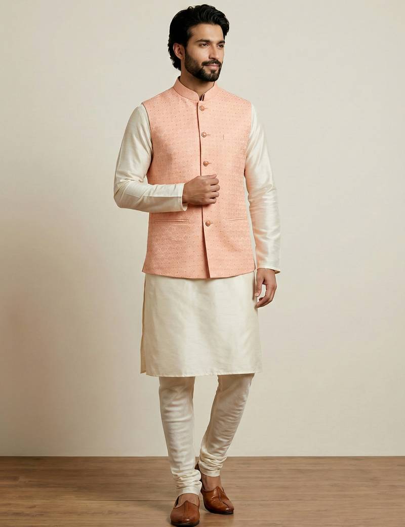 Beige  banarasi dupion premium designer festive wear kurta pyjama with jacket set