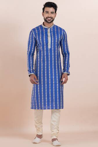 Blue cotton silk jacquard premium designer festive wear kurta pyjama set