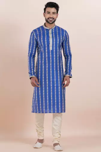 Blue cotton silk jacquard premium designer festive wear kurta pyjama set