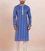 Blue cotton silk jacquard premium designer festive wear kurta pyjama set