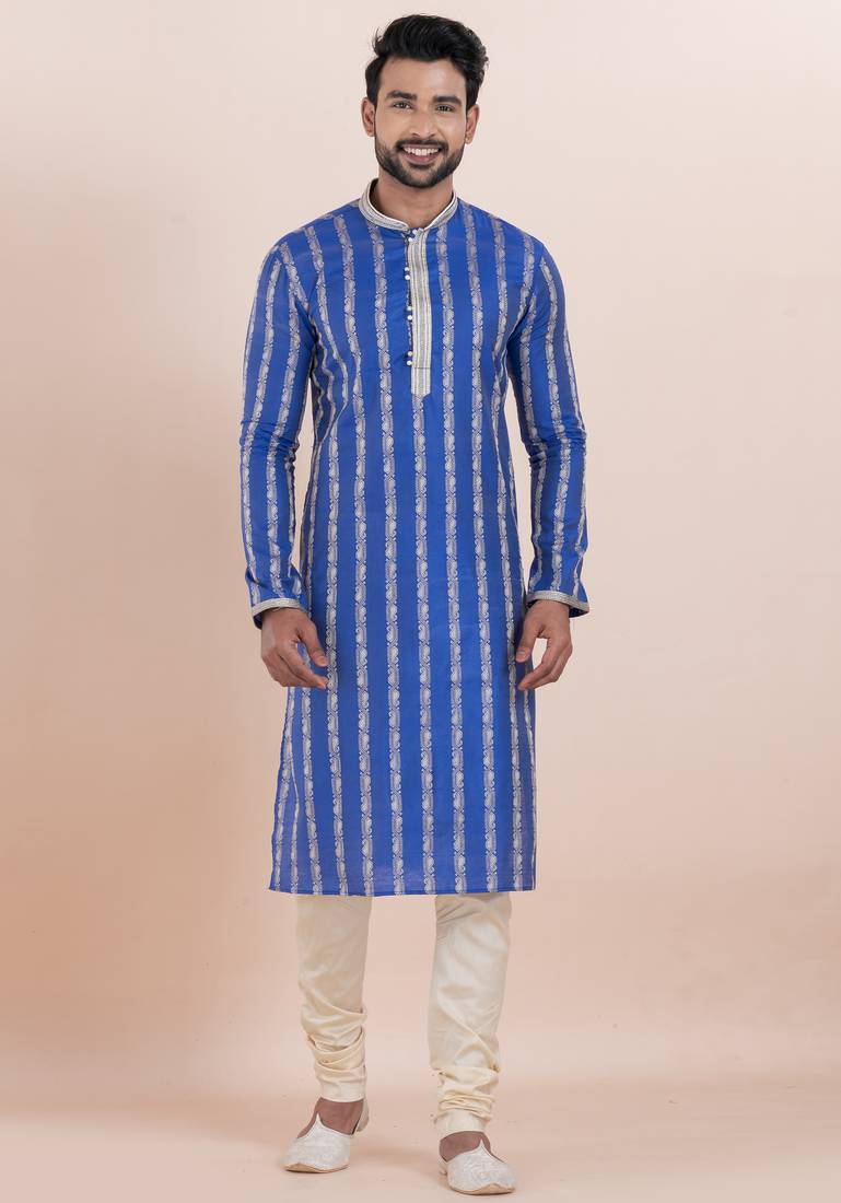 Blue cotton silk jacquard premium designer festive wear kurta pyjama set