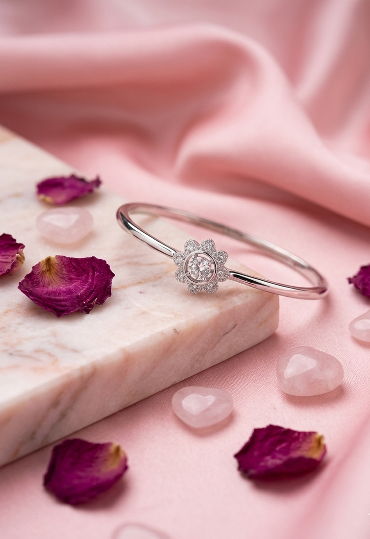 925 sterling silver pavé flower halo bracelet for women