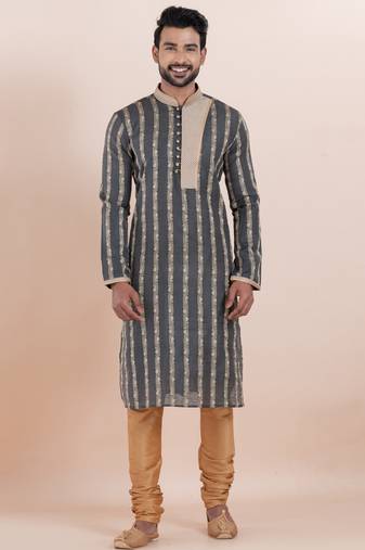 Black cotton silk jacquard premium designer festive wear kurta pyjama set