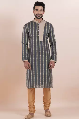 Black cotton silk jacquard premium designer festive wear kurta pyjama set