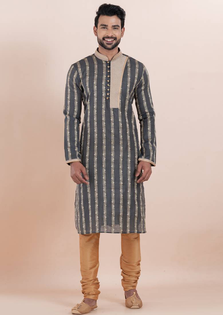 Black cotton silk jacquard premium designer festive wear kurta pyjama set