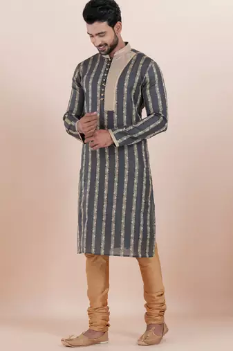 Black cotton silk jacquard premium designer festive wear kurta pyjama set