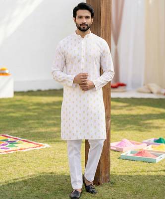 White cotton digital print premium designer festive wear kurta trouser set 3