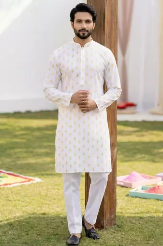 White cotton digital print premium designer festive wear kurta trouser set
