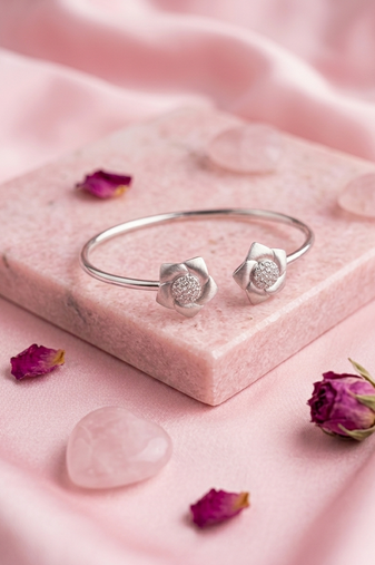 925 sterling silver matte flower open bracelet for women