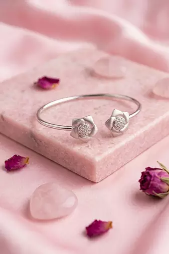 925 sterling silver matte flower open bracelet for women