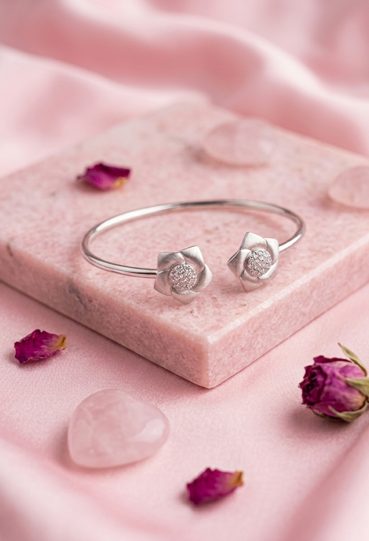 925 sterling silver matte flower open bracelet for women