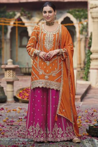 Orange color ethnic chinon fabric partywear ceremonial attire