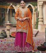 Orange color ethnic chinon fabric partywear ceremonial attire